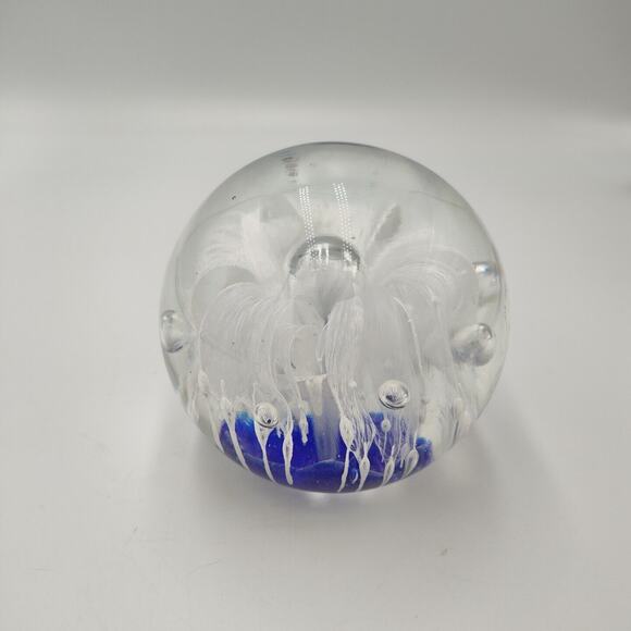 Hand Made Art Glass Paperweight Cobalt Blue & White Flower Controlled‎ Bubbles - Picture 1 of 2